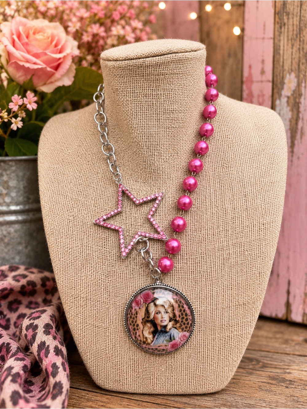 Dolly Pink Beaded Star Necklace with Portrait Pendant Gypsy South